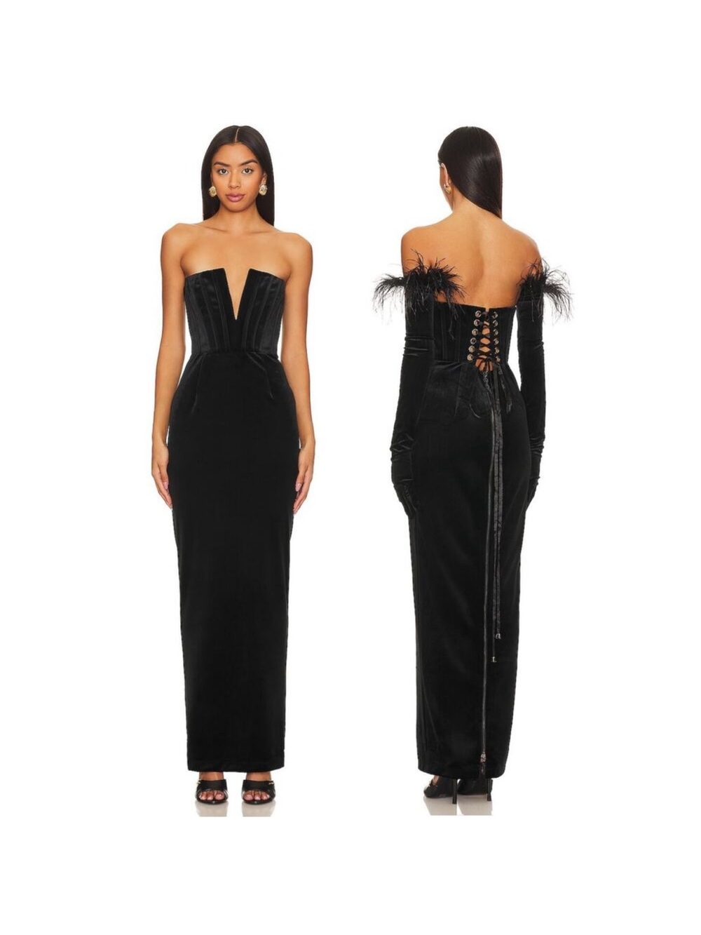 Bronx and Banco Black Strapless Velvet Gown with Feather Trim